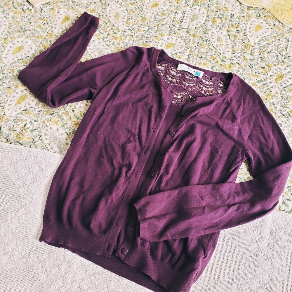 Eggplant purple cardigan with back lace detail